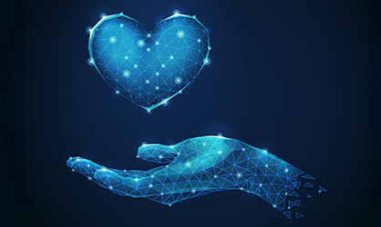 Social Impact Solutions luminous hand with a heart image floating above