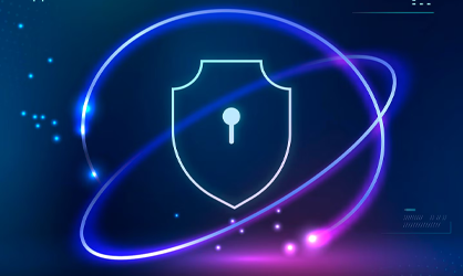 Cybersecurity and Risk Management Services neon key and lock with neon lines orbiting