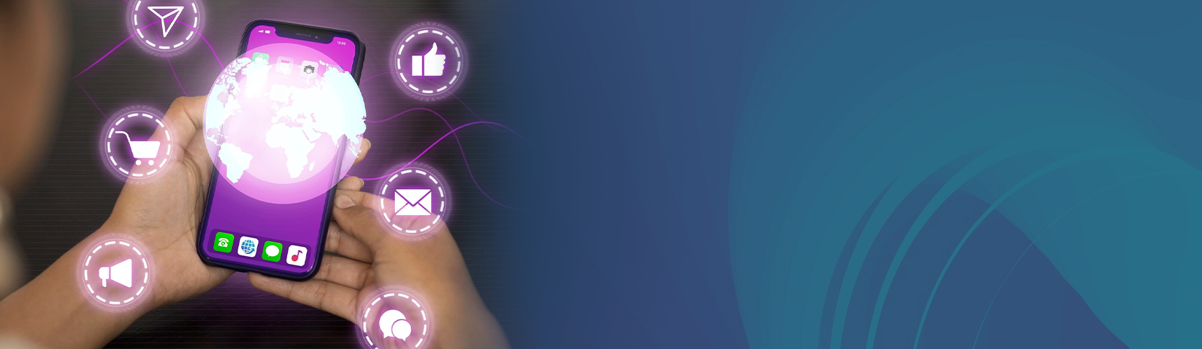 Data-Driven Marketing and Brand Growth hand holding smartphone with app icons