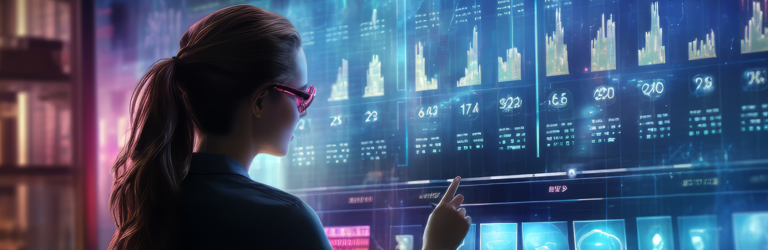 Woman analyzing financial dashboard on a large monitor